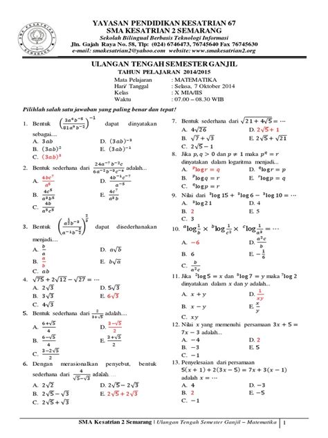 Contoh Soal Matematika Kelas X Semester 2 | Bagikan Kelas