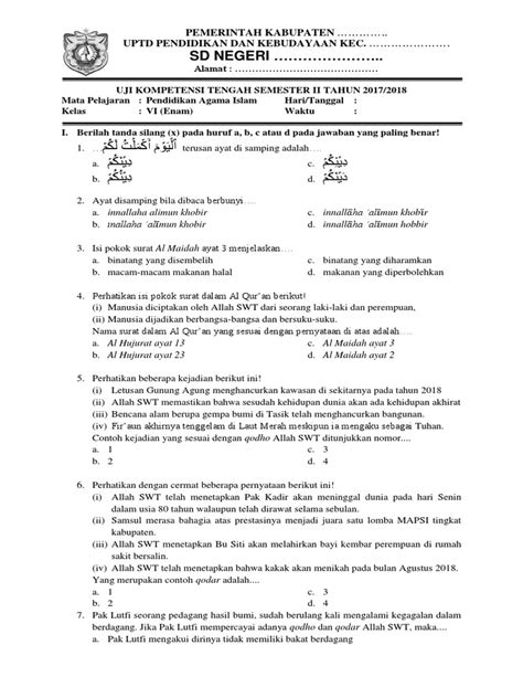 Contoh Soal PTS Semester II Kelas 6 SD KTSP + Kunci Jawaban