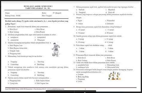 Soal PAS PJOK Kelas 4 Semester 1 | Soal Pelajaran